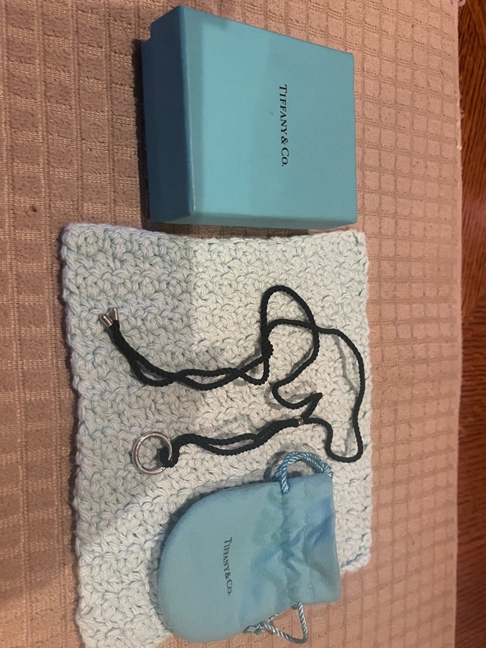 Tiffany & Co. Signature Blue Box, Pouch and Black Cord Necklace